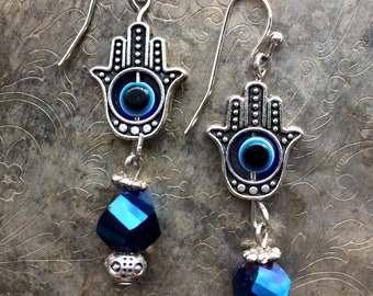 All Seeing Humsa Hands Earrings in Blue