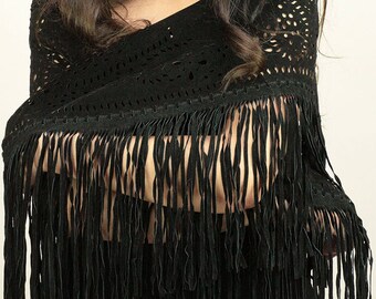 Black fringe shawl, Black fringe poncho, Black fringe wrap, Black evening shawl, Black suede shawl, Black poncho, Black shawl wrap,
