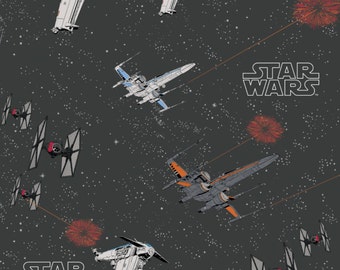 Star Wars Last Jedi Space Ship Battle Carbon Ships X-Wing TIE Fighter Cotton Fabric by Camelot