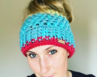 Messy Bun Hat - Crochet Ponytail Beanie - Adult size