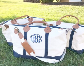 Monogrammed Weekender | CB Station Canvas and Leather Travel Duffle Tote | Preppy Personalized Duffel Carryall Bag | Bridesmaids Gifts