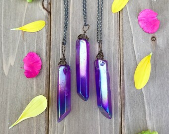Purple aura quartz pendant