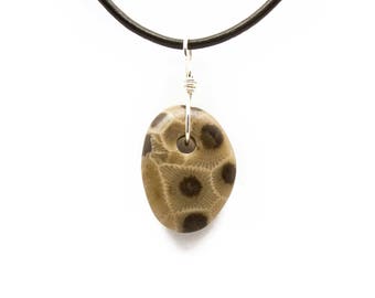 Petoskey Stone Necklace Matte Petoskey Stone Jewelry Pendant Michigan Coral Fossil Beach Stone Leather Silver Gift for Women Her ET222