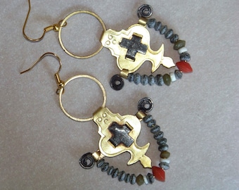 Earrings, vintage parts, brass, roman Glass Beads, coral * 687