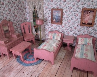 Vintage Dollhouse Furniture - Complete Strombecker Bedroom Set from 1931 - 1" Scale