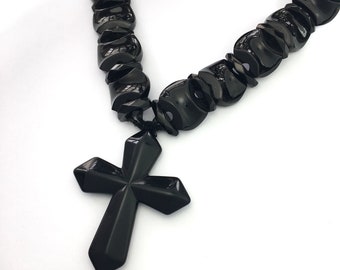 Antique Victorian Black Whitby Jet Mourning Cross Choker Necklace