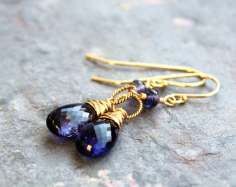 Gold Iolite Earrings Dangle Drop Blue Gemstone Earrings 14k GF Gold Fill