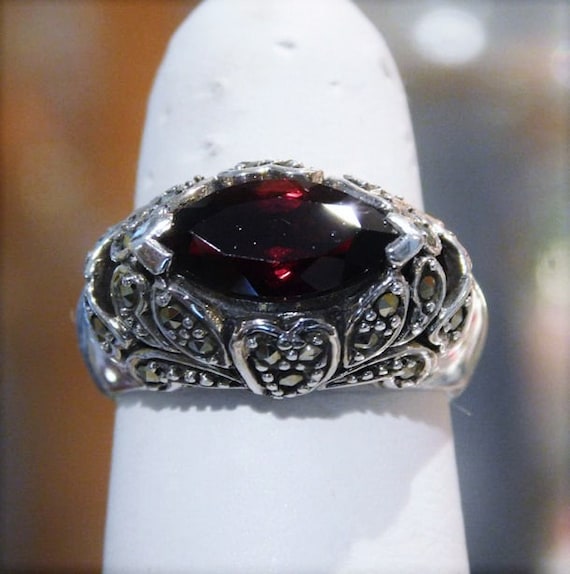 Garnet Ring / Marcasite / Sterling Silver