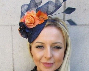 Navy Blue Orange Rose Flower Feather Pillbox Hat Fascinator Races Wedding 5784