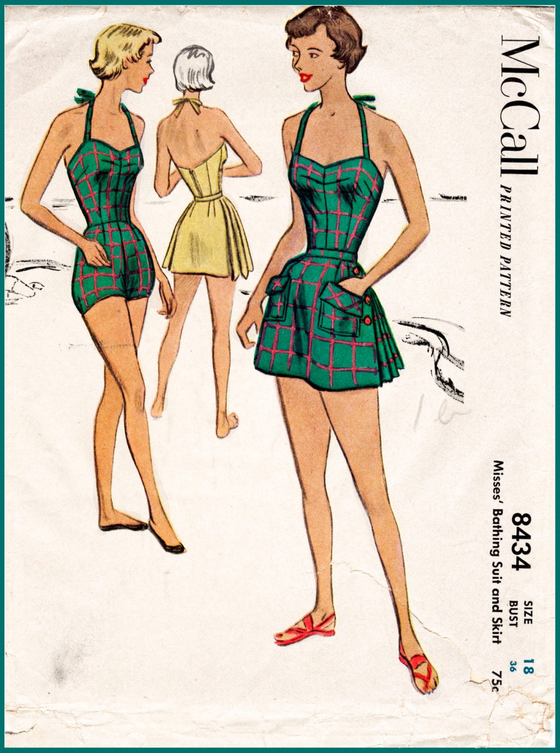 1950s 50s vintage swimsuit sewing pattern pleated one piece