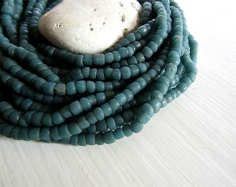 small matte green bead, dark green glass bead, irregular barrel tube spacer, New Indo-pacific 3 to 6 mm / 22 inche strand - 7ab29-29