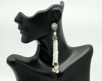 Stunning Shoulder Duster Dangle Earrings Rhinestone Pearl Turquoise Pierced