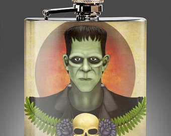 Frankenstein Whiskey Flask, Traditional Tattoo Style Gifts, Rockabilly Flasks, Monster Gift, Stainless Steel 6 oz Liquor Hip Flask