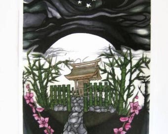 Japanese Pagoda, Original Art Poster Print, "Journey's End", Signed by Artist, 8x10 Wall Art, Cherry Blossoms, Bamboo, Wild Style Zen
