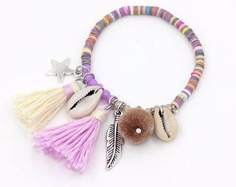 Summer boho bracelet / / / colorful polymer clay beads / cowry shells / tassels / silver charm