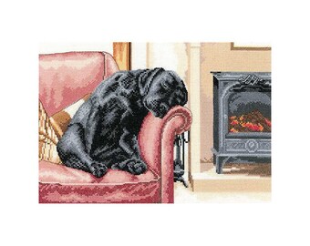 After the Walk Cross Stitch Kit from Heritage Craft on 14ct Aida, , black labrador, needlework kit, cross stitch, counted cross stitch kit