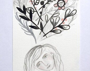 SALE Girl daydreaming, happy thoughts, Small original painting