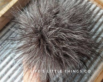 Black Wolf Faux Fur Pom Pom Grey Hat Topper for Beanie Toque Backpack Keychain Purse Fob Charm Vegan Fake Plush medium Pile Fur Craft Supply