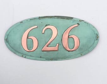 Oval House number plaque in patinated copper, 4"/100mm high numbers, Garamond font polished and laquered g