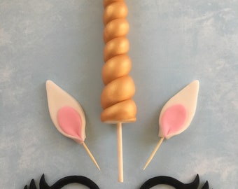 Fondant unicorn cake topper, horn, ears and lashes gold silver or custom colors