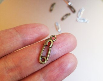10 Safety Pin Charms, Antique Bronze