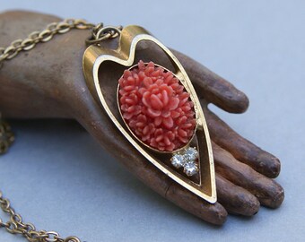 Vintage Flower Coral Rhinestone Necklace