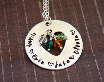 Heart Cutout Necklace - Hand Stamped - Birthstone Pendant - Mother or Grandmother Necklace