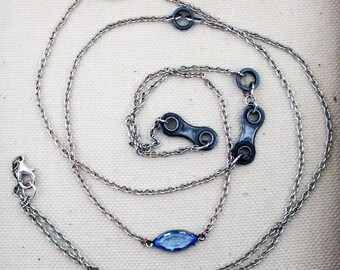 Long Upcycled Bicycle Chain Necklace with Vintage Swarovski Crystal Navettes - bike necklace, bicycle jewelry, bicycle accessories