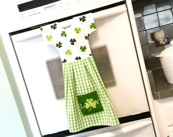 Irish Shamrock Kitchen Towel Dress / Dish Towel Dress / Tea Towel Oven Dress /Green and White Hanging Towel by Klosti