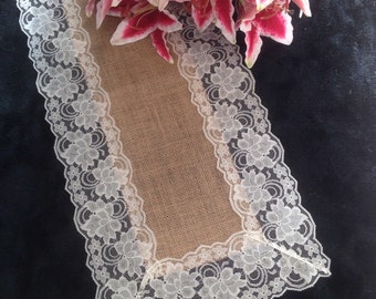 Burlap Lace Table Runner, IVORY Lace - Rustic Wedding Table Runner - 12" Width; Lace on ALL Edges - Country Home Decor, Farmhouse Decor