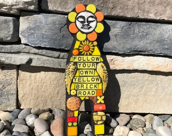 Follow Your Own Yellow Brick Road. (Mixed Media Mosaic Trash Doll Assemblage Art Wall Hanging by Shawn DuBois)