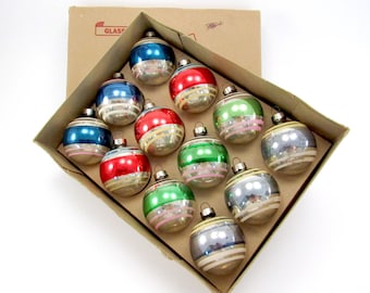 Vintage Glass Christmas Ornaments 1950s Striped Glass Christmas Decorations Retro Christmas Baubles Boxed Set