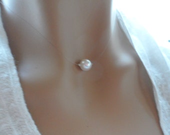 Floating White Pearl- Illusion Pearl Necklace - Single White Floating Pearl Illusion Necklace