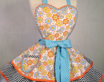 Primary Florals Pinup Apron, Woman's Apron, Chevrons and Polka Dots