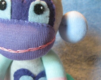 Swing - Best Friend Sock Monkey Plush - Blue Stripes Purple - Handmade Doll