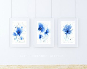 Set of 3 blue watercolor flower prints abstract watercolor blue print abstract flower painting fashion wall decor minimalist prints Set of 3 blue watercolor flower prints abstract watercolor blue print abstract flower painting fashion wall decor minimalist prints
