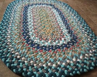 Made To Order Oval Denim Aqua Hand Braided Rug / Floor Carpet / Rag Rug in your color choices from recycled fabrics