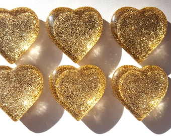 Gold Glitter Glass Heart Magnets. Strong Magnet Set of 6 Heart Magnets. Kitchen Decor - Office Decor - Party Favors - Gifts