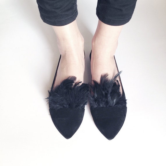 Pointy Chic Black Feathers Handmade Leather Loafers Slip on