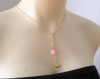 Gold Lariat Necklace, Y Necklace, Pink Jade Necklace, Gift For Mom, Bird Necklace, Gemstone Lariat Necklace, Gift For Her, Collier