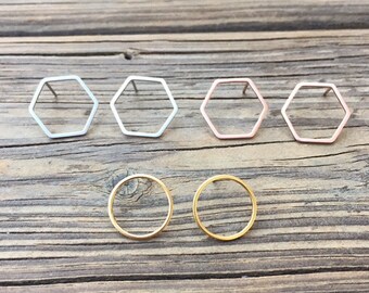 Silver or rose gold hexagon or honeycomb earring studs and gold open circle earrings studs
