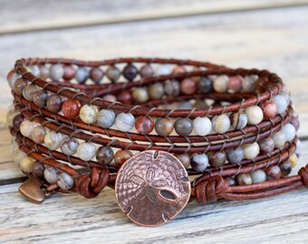 Wrap Bracelet, Copper Sand Dollar, Leather Wrap, Beaded Wrap Bracelet, Gemstone Bracelet
