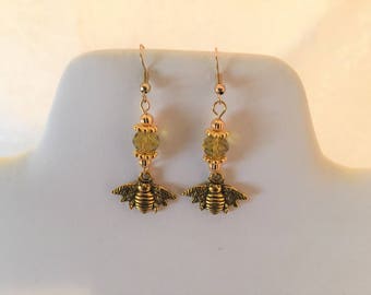 Gold Bee Crystal Pierced Earrings