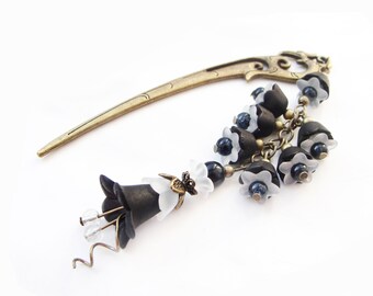 Japanese hair stick frosted black white lucite flowers - metal hairstick hair bun pin floral geisha hair piece kanzashi chopstick decoration