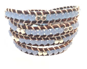 Beautiful 4 wrap leather bracelet with semi precious stones and silver accents.