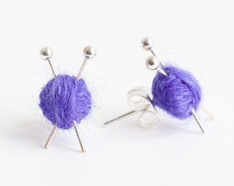Ball of Wool and Knitting Needles earrings - Purple yarn - gift for knitters