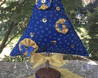 Christmas-tree blue fabric with Golden decorations