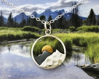 Mountain Necklace, The Mountains are Calling and I Must Go - Sun - Moon - Sterling silver necklace - gift for her - jewelry gift for hiker