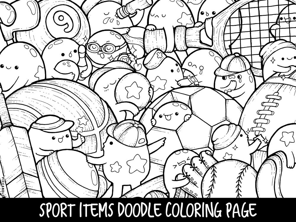 Sport Items Doodle Coloring Page Printable Cute/Kawaii