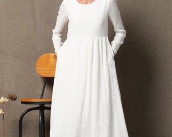 white cotton dress, cotton dress, white dress, maxi dress, long sleeved dress, long cotton dress, loose dress, cotton white dress C555